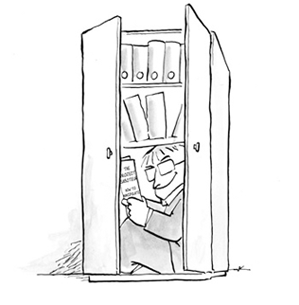 Cartoon of a man hiding in a filing cabinet